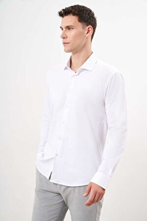  Erkek Beyaz Basic Düz Desen İtalyan Yaka Slim Fit Gömlek