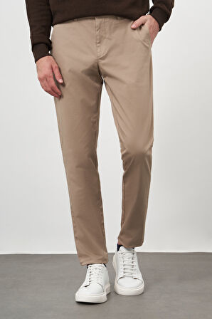  Erkek AÇIK KAHVE Pamuk Yan Cep Slim Fit Chino Pantolon