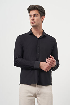  Erkek Siyah Trend Slim Fit İtalyan Yaka Gömlek
