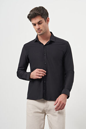  Erkek Siyah Trend Slim Fit İtalyan Yaka Gömlek