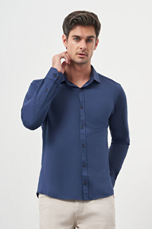  Erkek Lacivert Trend Slim Fit İtalyan Yaka Gömlek