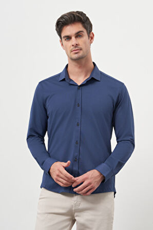 Erkek Lacivert Trend Slim Fit İtalyan Yaka Gömlek