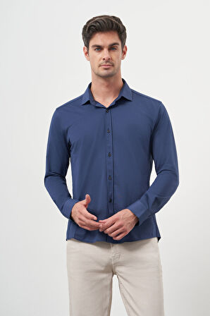  Erkek Lacivert Trend Slim Fit İtalyan Yaka Gömlek