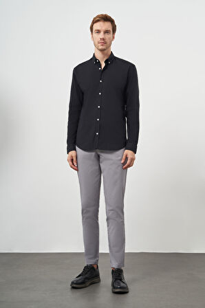  Erkek Siyah Pamuk Trend Düğmeli Yaka Dynamic Fit Gömlek