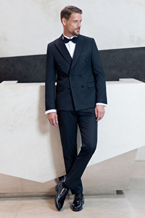  Erkek Siyah Kruvaze Sivri Çıkma Yaka Slim Fit Damatlık