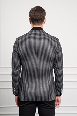  Erkek Siyah Dokuma Slim Fit Dar Kesim Mono Yaka Ceket
