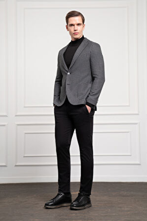  Erkek Siyah Dokuma Slim Fit Dar Kesim Mono Yaka Ceket