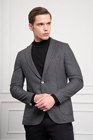  Erkek Siyah Dokuma Slim Fit Dar Kesim Mono Yaka Ceket