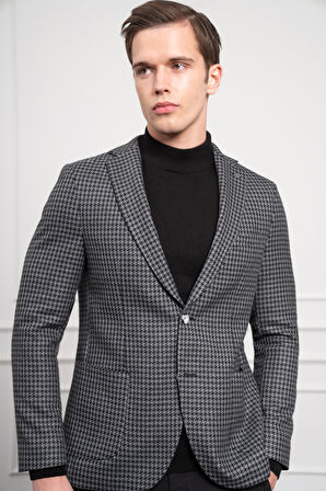  Erkek Siyah Dokuma Slim Fit Dar Kesim Mono Yaka Ceket