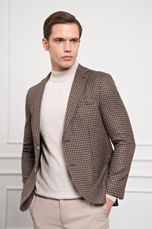  Erkek KAHVE Dokuma Slim Fit Dar Kesim Mono Yaka Ceket