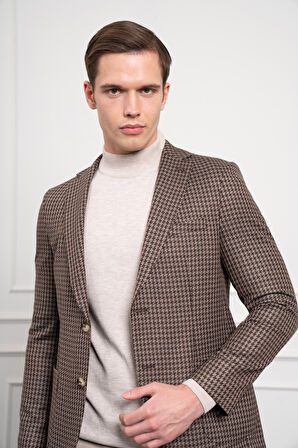  Erkek KAHVE Dokuma Slim Fit Dar Kesim Mono Yaka Ceket