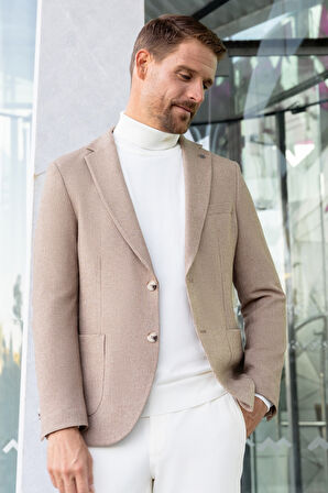  Erkek Bej Dokuma Slim Fit Mono Yaka Ceket