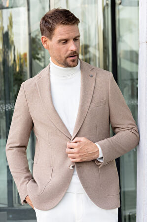  Erkek Bej Dokuma Slim Fit Mono Yaka Ceket