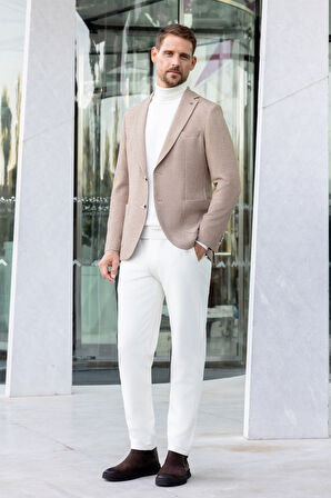  Erkek Bej Dokuma Slim Fit Mono Yaka Ceket