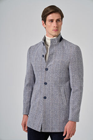  Erkek Lacivert Balık Sırtı Desen Hakim Yaka Dynamic Fit Kaban