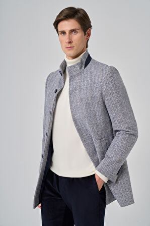  Erkek Lacivert Balık Sırtı Desen Hakim Yaka Dynamic Fit Kaban