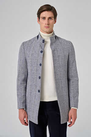  Erkek Lacivert Balık Sırtı Desen Hakim Yaka Dynamic Fit Kaban