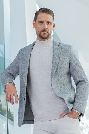  Erkek Gri Örme Slim Fit Mono Yaka Ceket