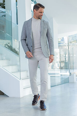  Erkek Gri Örme Slim Fit Mono Yaka Ceket