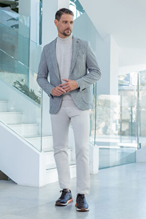  Erkek Gri Örme Slim Fit Mono Yaka Ceket