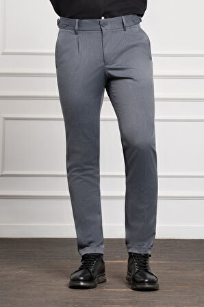  Erkek Lacivert Trend Slim Fit Dar Kesim Pileli Pantolon