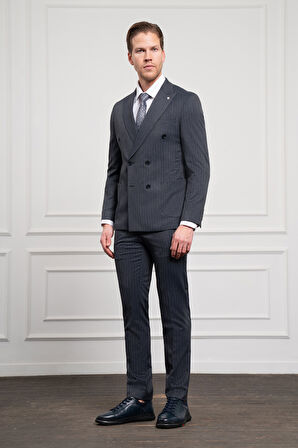  Erkek Lacivert Trend Slim Fit Dar Kesim Sivri Yaka Kruvaze Takım Elbise