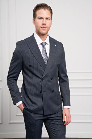  Erkek Lacivert Trend Slim Fit Dar Kesim Sivri Yaka Kruvaze Takım Elbise