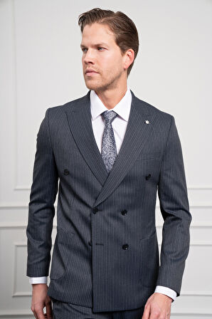  Erkek Lacivert Trend Slim Fit Dar Kesim Sivri Yaka Kruvaze Takım Elbise