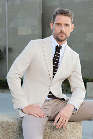  Erkek Bej Dokuma Slim Fit Mono Yaka Ceket
