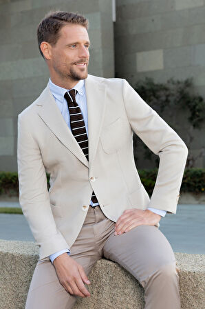  Erkek Bej Dokuma Slim Fit Mono Yaka Ceket