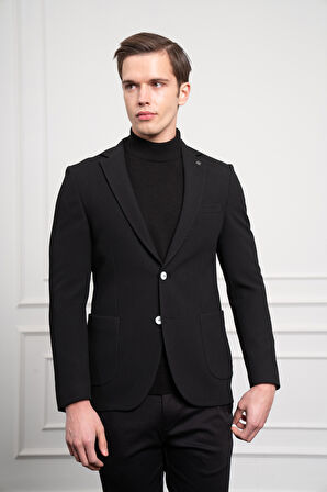  Erkek Siyah Poliviskon Dokuma Desenli Slim Fit Dar Kesim Mono Yaka Ceket