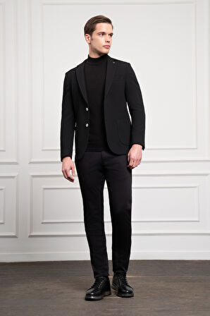  Erkek Siyah Poliviskon Dokuma Desenli Slim Fit Dar Kesim Mono Yaka Ceket