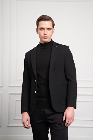  Erkek Siyah Poliviskon Dokuma Desenli Slim Fit Dar Kesim Mono Yaka Ceket