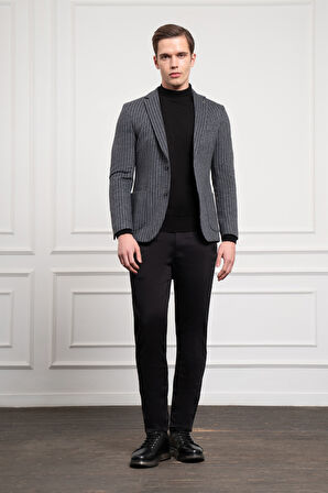  Erkek Gri Örme Slim Fit Dar Kesim Mono Yaka Ceket