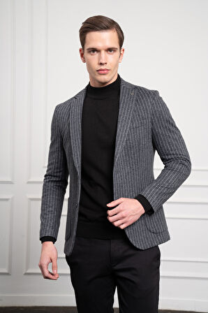  Erkek Gri Örme Slim Fit Dar Kesim Mono Yaka Ceket