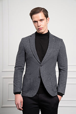  Erkek Gri Örme Slim Fit Dar Kesim Mono Yaka Ceket