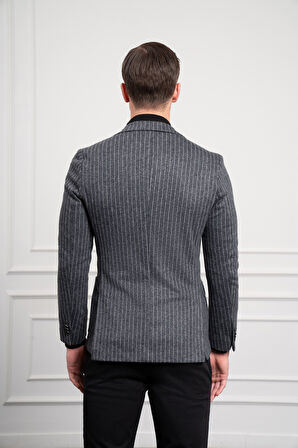  Erkek Gri Örme Slim Fit Dar Kesim Mono Yaka Ceket