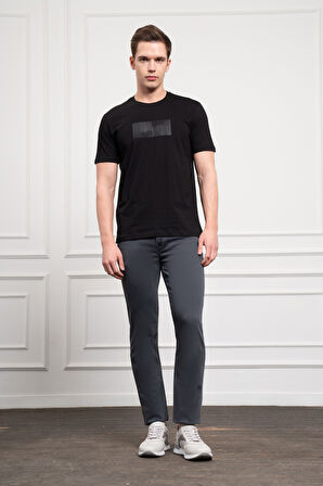  Erkek Siyah Trend Bisiklet Yaka Pamuk Dinamik Fit T-Shirt