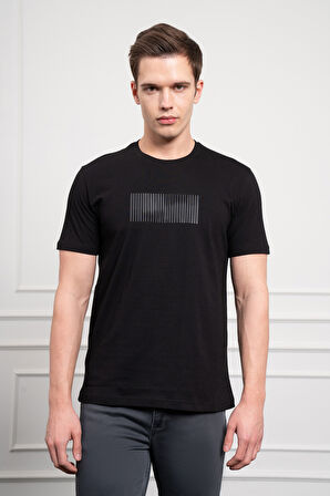 Erkek Siyah Trend Bisiklet Yaka Pamuk Dinamik Fit T-Shirt