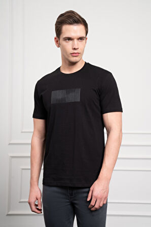  Erkek Siyah Trend Bisiklet Yaka Pamuk Dinamik Fit T-Shirt