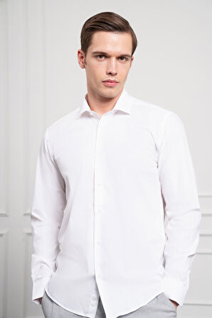  Erkek Beyaz Pamuk Trend Slim Fit Dar Kesim İtalyan Yaka Gömlek