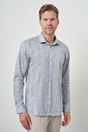  Erkek Mavi Pamuk Trend Slim Fit İtalyan Yaka Gömlek