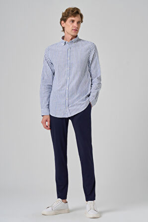  Erkek Lacivert Slim Fit Düğmeli Yaka Gömlek
