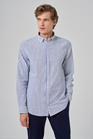  Erkek Lacivert Slim Fit Düğmeli Yaka Gömlek