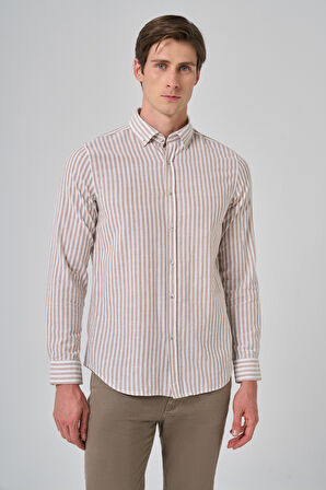  Erkek Vizon Slim Fit Düğmeli Yaka Gömlek
