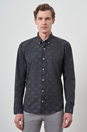  Erkek Siyah Slim Fit Düğmeli Yaka Gömlek