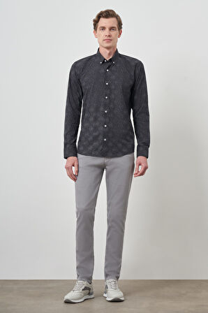  Erkek Siyah Slim Fit Düğmeli Yaka Gömlek