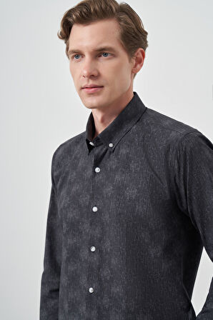  Erkek Siyah Slim Fit Düğmeli Yaka Gömlek