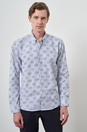  Erkek Lacivert Slim Fit Düğmeli Yaka Gömlek