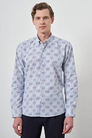  Erkek Lacivert Slim Fit Düğmeli Yaka Gömlek